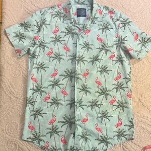 Broken Threads  button front Light green Flamingo & Palm Print Camp Shirt medium
